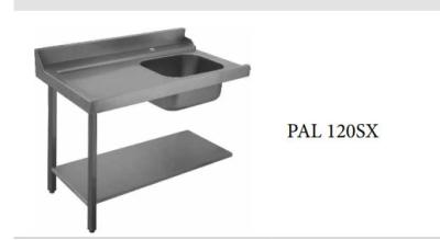 LAVELLO INOX  PER LAVASTOVIGLIE A CAPPOTTA CON RIPIANO - ALZATINA - SCIVOLO E  FORO SBARAZZO LATO SX CM. 120X71.5X85H PALS120SX