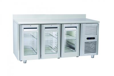 TAVOLO REFRIGERATO GN 1/1 3 PORTE A VETRI  CON ALZATINA PROF CM. 72.5 COD. QRG 3200