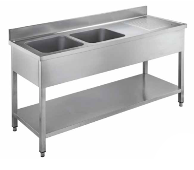 LAVELLO INOX - 2 VASCHE DX CON RIPIANO INFERIORE E SGOCCIOLATOIO SX - CM 60